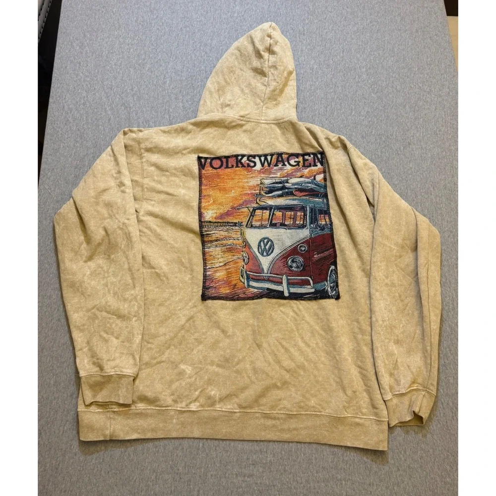Volkswagen VW Bus Tapestry Patch Mineral Wash Hoodie Tan Mens XL RN 67585